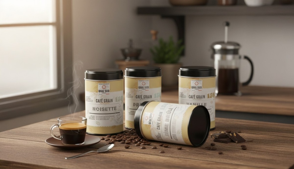 Café en Grain Aromatisé Praliné - Boîte Pop 150 g - Quai Sud 3