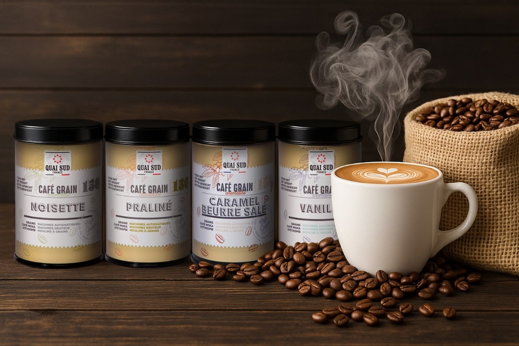 Café en Grain Aromatisé Praliné - Boîte Pop 150 g - Quai Sud 4