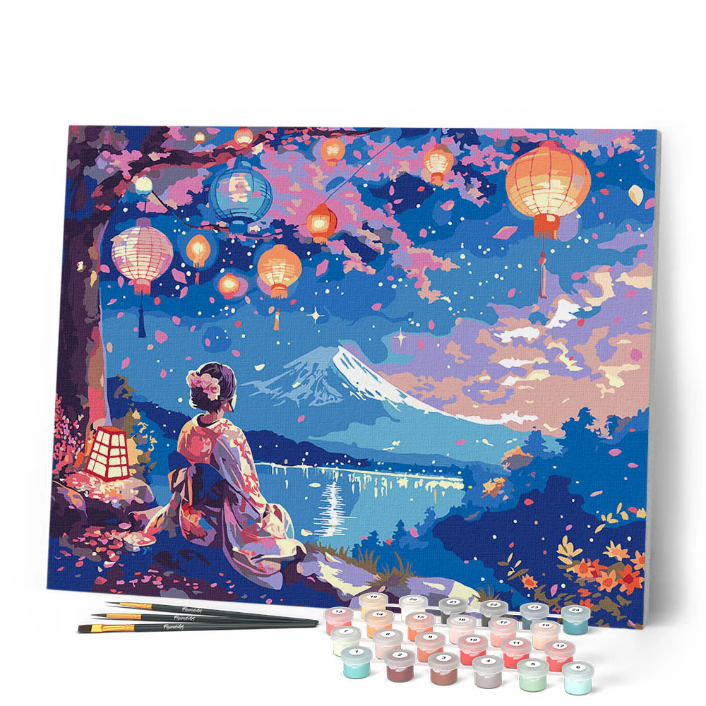 Peinture au numéro - Geisha, Lanternes et Mont Fuji - Figured'Art