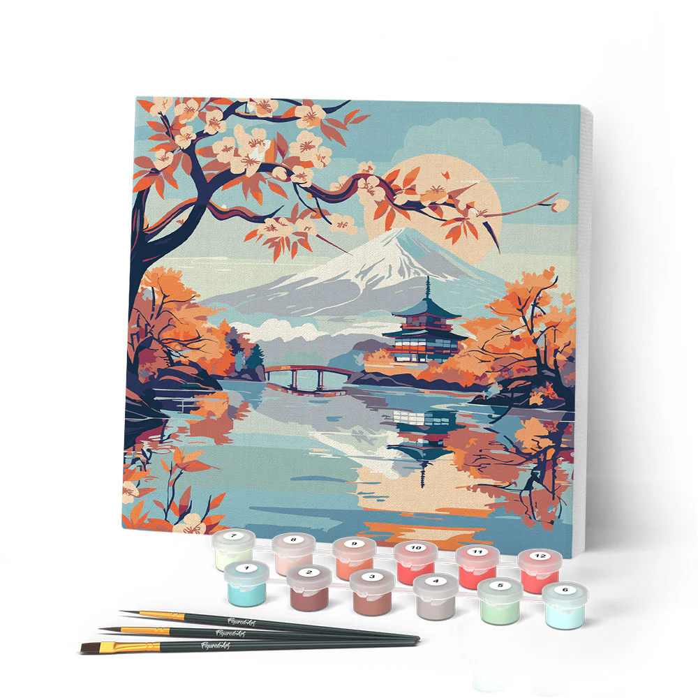 Mini Peinture par Numéros  - 20x20cm avec cadre - Lac et Mont Fuji - Figured'Art
