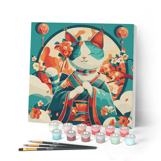 Mini Peinture par Numéros  - 20x20cm avec cadre - Chat Princesse Japonaise - Figured'Art