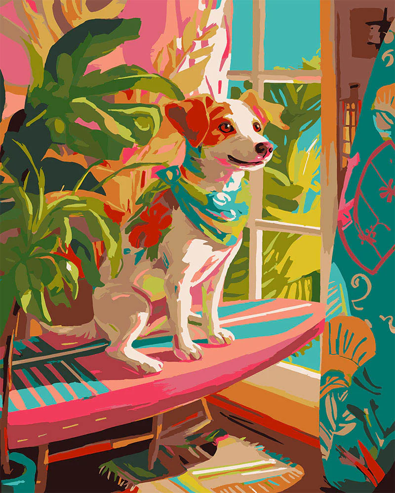 Peinture par numéros avec toile - Chien amateur de surf - Figured'Art