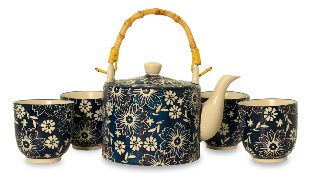 Théière avec anse en bambou et 4 tasses - WD Lifestyle (Bleu / Blanc)