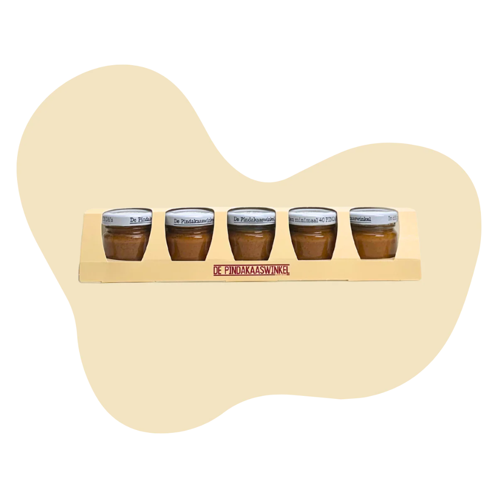 Paquet de 5 minis Beurre de Cacahuète - 1 Naturel - 1 Datte cannelle - 1 Sel de mer au caramel - 1 Chocolat blanc - 1 piment citronnelle- De Pindakaaswinkel