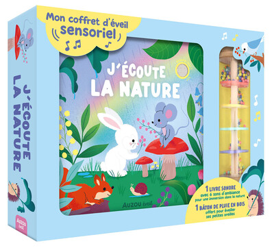 Mon coffret d'éveil sensoriel - J'écoute la nature - Un livre sonore avec 6 sons d'ambiance pour une immersion dans la nature et un bâton de pluie en 