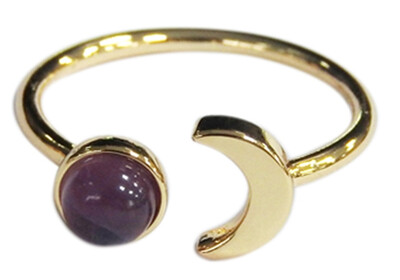 Bague Améthyste Perle 6 mm et Lune Métal doré Ajustable