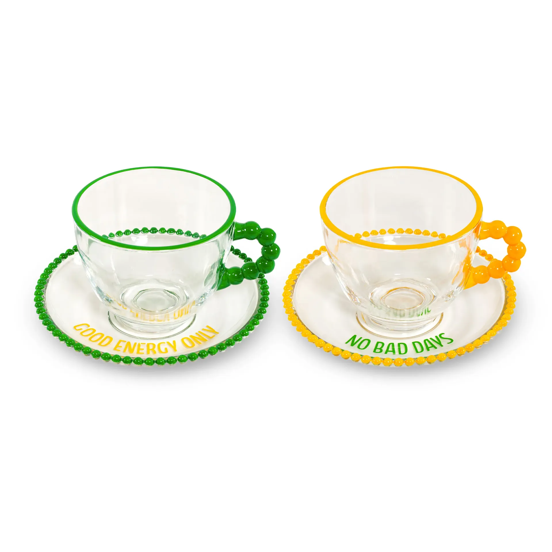 Set 2 tasses en verre avec soucoupe - Jaune/Vert - 230 ml - WD