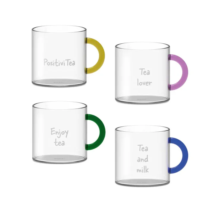 Set de 4 tasses à thé en verre borosilicate - Contenance de 250 ml - Poignée colorée et inscription - WD